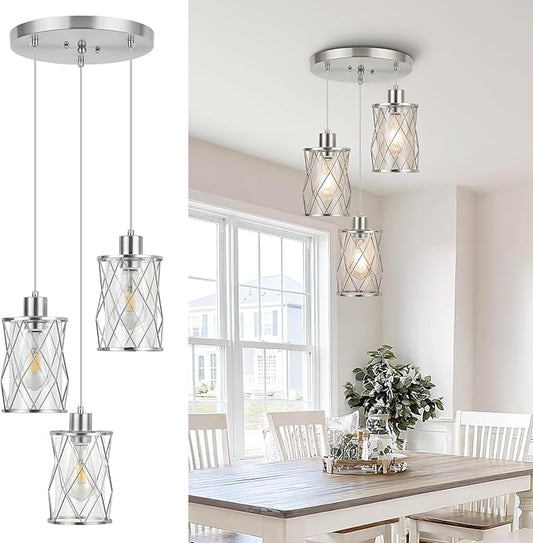Refice 3-Light Pendant Lights Kitchen Island, Brushed Nickel Kitchen Cluster Hanging Pendant Lights with Clear Glass, Modern Cage Chandelier Light Fixture for Sink Dining Room Bedroom Bar