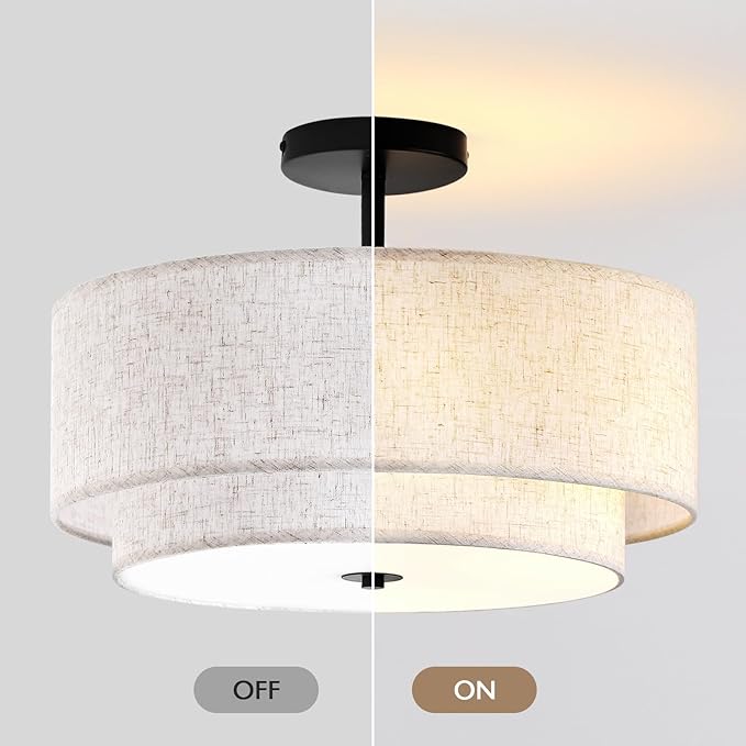 16" Double Drum 3-Light Semi Flush Mount Ceiling Light, Classic Fabric Linen Shade Design for Living Room, Bedroom, Kitchen, Dining Room, Hallway and Entryway