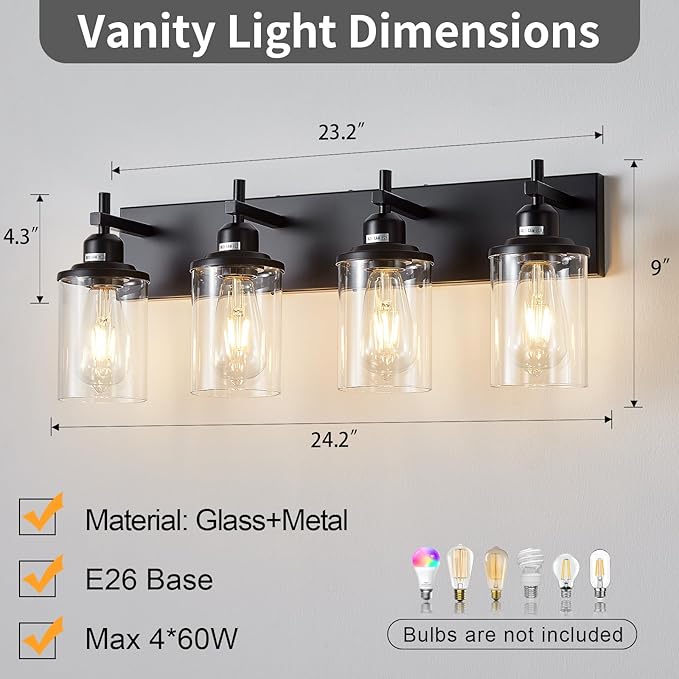 Lanhall 4-Light Black Bathroom Light Fixture Over Mirror Modern Farmhouse Bathroom Vanity Light Vintage Wall Lighting with Clear Glass Shade for Bathroom, Bedroom, Hallway, Cabinet