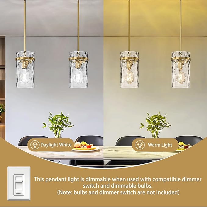 2 Pack 5.5" Brass Hammered Glass Pendant Light, Brushed Gold Island Pendant Lights Adjustable Mdern Pendant Light Fixtures Dining Room Farmhouse Chandelier Pendant Kitchen Lighting