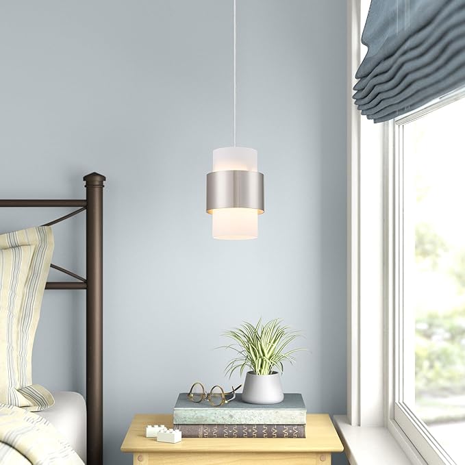 Modern Pendant Lighting, Nickel Hanging Light Fixtures for Kitchen Island Hallway Porch Corridor Bedroom with Frosted Glass Shade, 1 Light