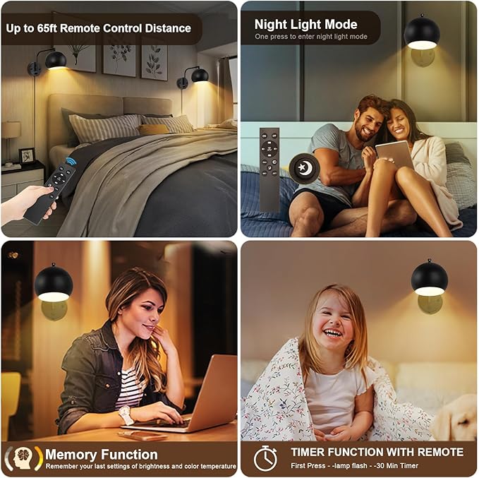 VATONI Wall Sconce with Remote Control, Dimmable Plug in Wall Sconces and Adjustable Color Temperature 2700K~6000K, Globe Swing Arm Wall Lights with Plug in Cord(2 Pack, 2 Bulbs)