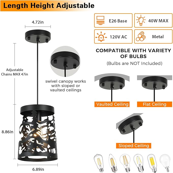 Rustic Pendant Lights with Bear and Deer Design, 1-Light Black Round E26 Base Cage Metal Fixture Adjustable Hanging Height for Kitchen Island, Hallway, Dining Room, Foyer, Bedroom