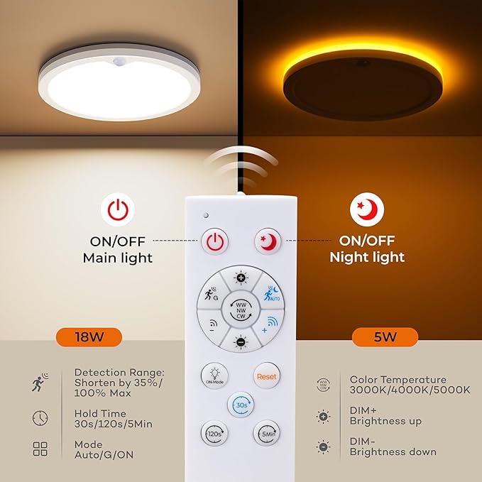 2Pack Motion Sensor Ceiling Light with Remote, Night Light 2000K, 8.7 Inch Wired Flush Mount 3000K/4000K/5000K, 1800LM Dimmable Motion Sensor Light Indoor for Closet Hallway Stairs White