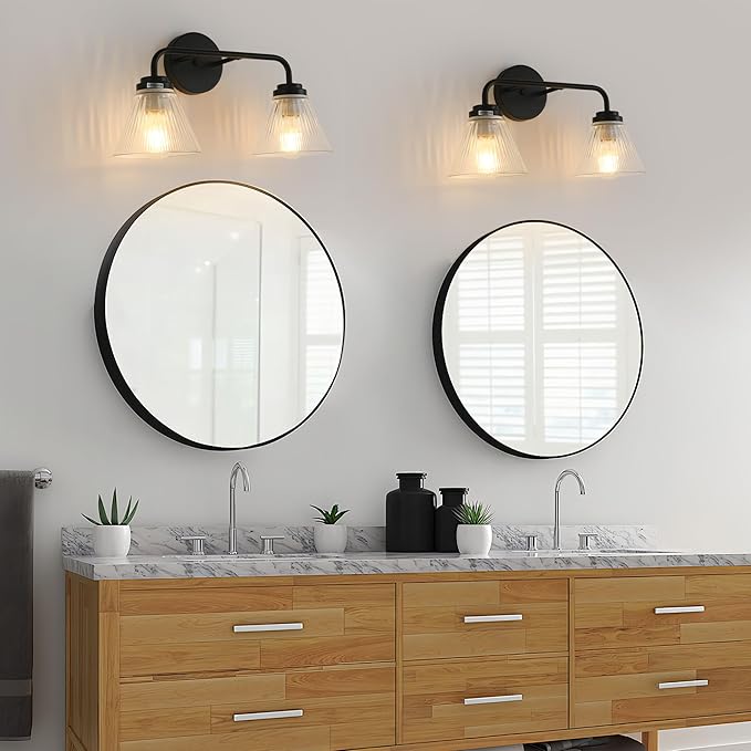 Modern Black Bathroom Vanity Light, 2-Light Wall Sconce with Clear Ribbed Glass Shades, Farmhouse Industrial Light Fixture for Bathroom, Vanity Mirror, Powder Room, Hallway (black, Powder Coated, 2)