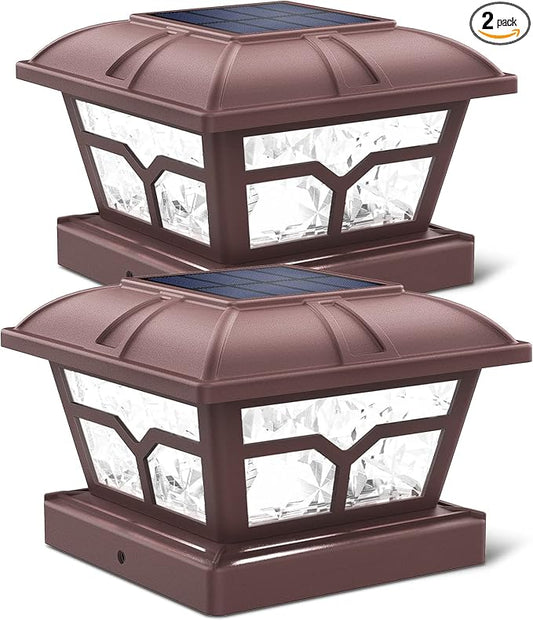 SIEDiNLAR Solar Post Cap Lights Outdoor 2 Color Modes 8 LEDs for 4x4 5x5 6x6 Posts Fence Deck Patio Decoration Warm White & Cool White Lighting Brown (2 Pack)