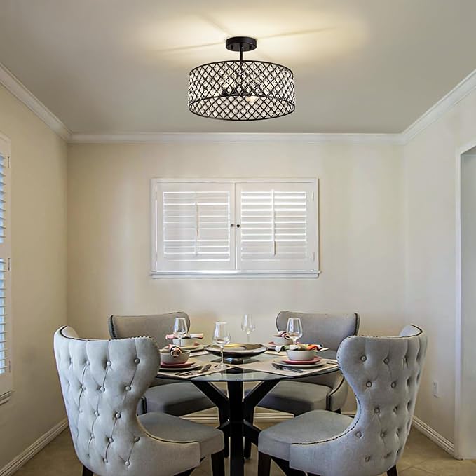 Black Crystal Ceiling Light Fixture,Modern Semi Flush Mount Ceiling Lighting Fixture,Round Small Chandelier for Dining Room, Hallway, Entryway, Kitchen, Bedroom,Foyer,4 Light,15.7 inch