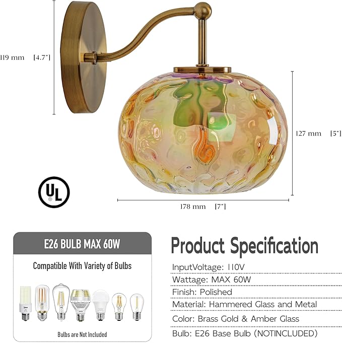 Modern Iridescent Glass Wall Sconce Gold Brass Wall Light Set of 2 Hammered Amber Glass Vanity Light for Bedroom Hallway Living Room Stairwell Bathroom Over Mirror
