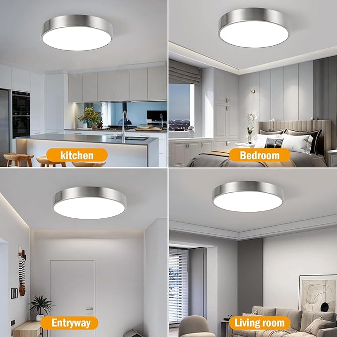 13inch Round Bathroom Ceiling Lighting Fixture, Overhead Polished Brushed Nickel Bedroom Ceiling Lights, Low Profile Led Chrome Flush Mount Light, 26W, 3000K, ETL Listed