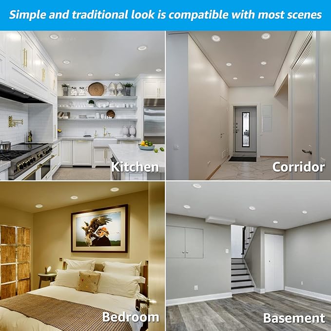 TORCHSTAR 8-Pack 5CCT 6 Inch LED Integrated Canless LED Recessed Lighting with J-Box, Anti-Glare Deep Baffle, CRI90 Dimmable Ceiling Downlight, ETL Air Tight IC Rated, 2700K3000K3500K4000K5000K