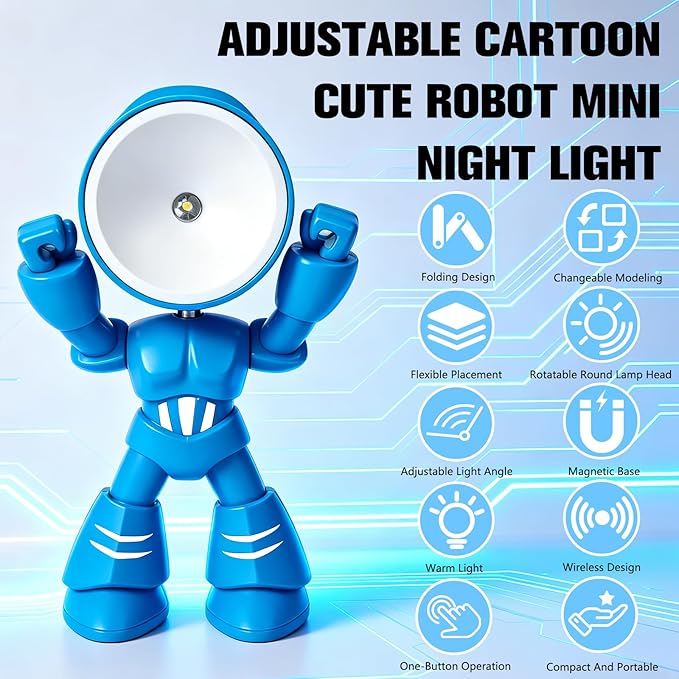 Mini Night Light, Posable Cartoon Cute Robot Companion Table Light, Bedside Reading Table Lamp for Desk Decor, Bedroom, Office (Blue)