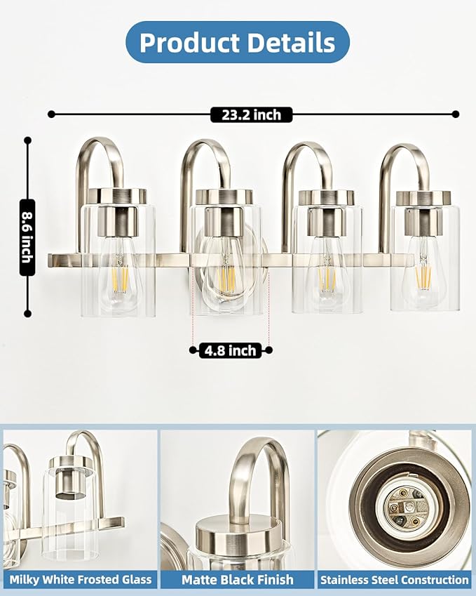 4 Light Bathroom Vanity Light, Brushed Nickel Vanity Lights for Bathroom, Modern Light Fixtures Over Mirror with Clear Glass Shade, Wall Sconce Lighting for Bedroom