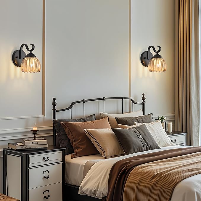 lobolighting Vintage Wall Sconce with Amber Tulip Glass Lampshade Set of Two Black Sconce Bathroom Vanity Light Fixtures Hardwired Modern Wall Lighting Fixture for Bedroom Bedside Door Header