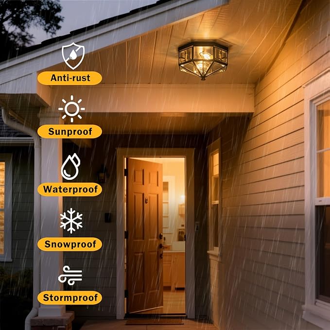 Flush Mount Ceiling Light Fixture, 2-Light Copper Outdoor Ceiling Lights, Octagonal Flush Mount Light with Clear Glass, Black Close to Ceiling Light for Hallway Bedroom Porch Balcony