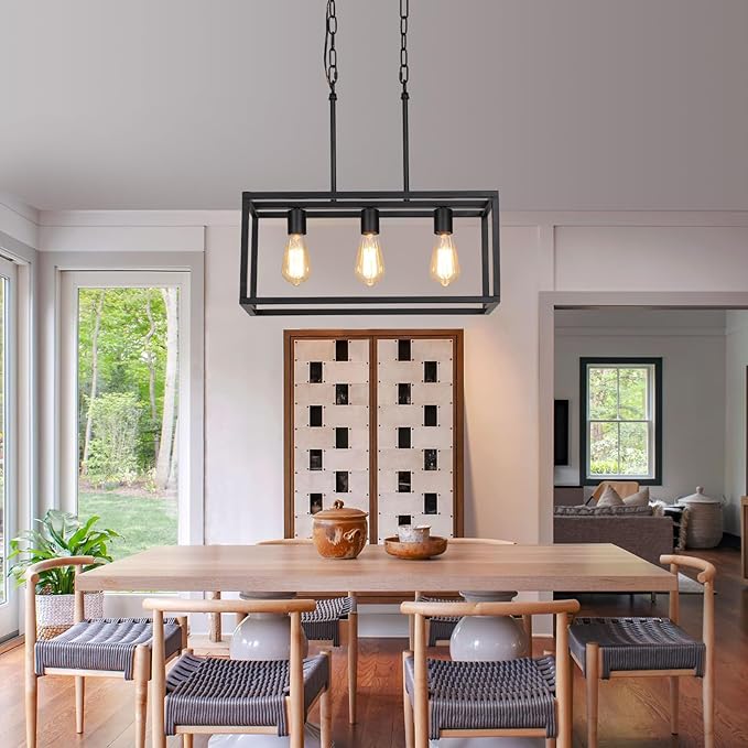 AMZASA 3-Light Black Linear Chandelier Modern Rectangle Farmhouse Dining Room Light Fixture for Kitchen Island Bar UL Listed