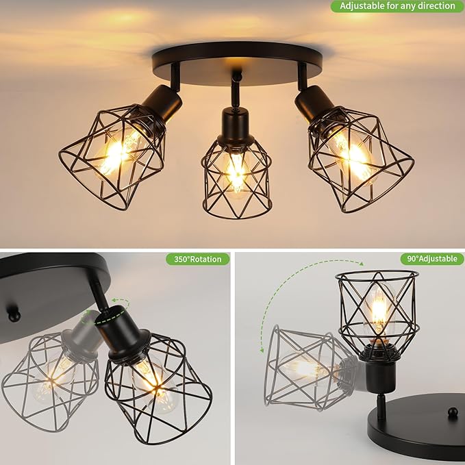 WILON Kitchen Light Fixtures Ceiling Mount, Black Fixtures 3-Light Adjustable Semi Flush Mount Ceiling Light, Multi-Directional Lights for Kitchen Hallway Dining Room(E26 Base)