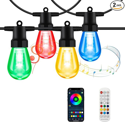 Outdoor String Lights 100FT - (2 pack 50FT) RGBW Color Changing String Lights for Outside with APP & Remote Control, Dimmable Patio Lights Outdoor Waterproof, Music Sync, Shatterproof, Linkable, Timer