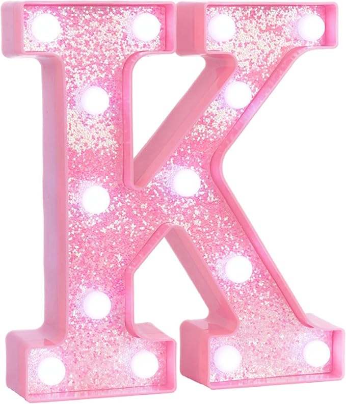 Pink Marquee Light Up Letters, Glitter Alphabet LED Letter Lights for Pink Birthday Party Decorations, Battery Operated Letter Sign for Girls Room Vanity Table Decor, Cool White Lights Letter K