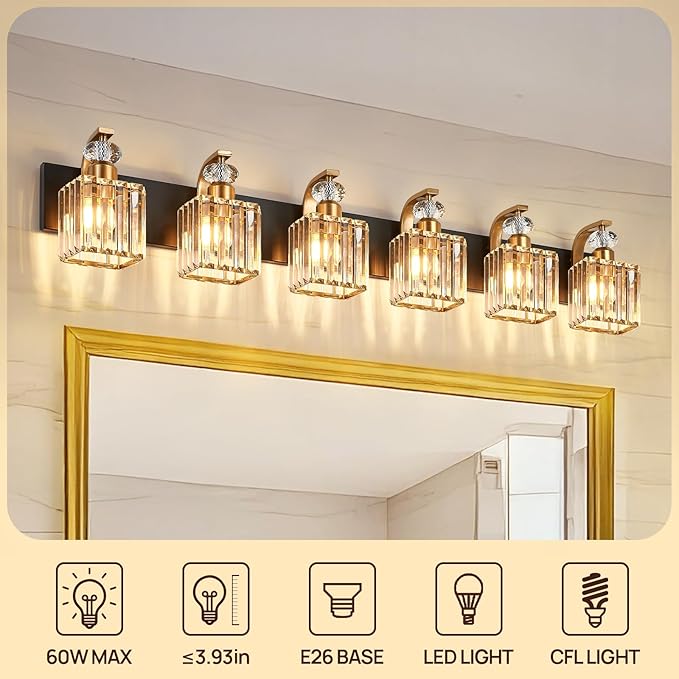 Modern Bathroom Vanity Light, 6-Light Black Gold Bathroom Lighting Fixtures Over Mirror, 44.1" Crystal Wall Light Sconce for Bathroom/Bedroom/Vanity, Includes LED Bulbs, Easy Installation