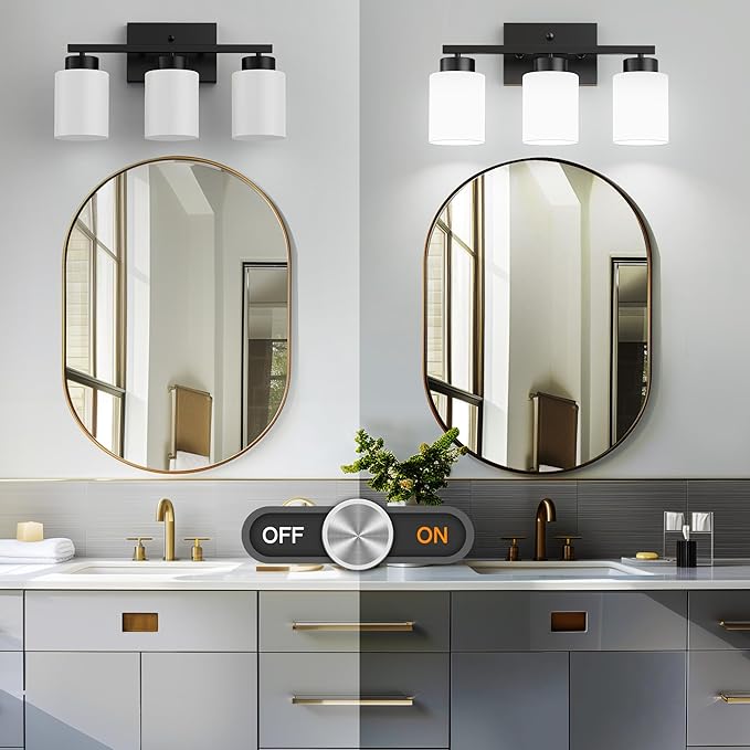 PARTPHONER 3-Light Matte Black Bathroom Light Fixtures, Modern Vanity Light Over Mirror Lighting, Wall Sconce with Frosted Milky White Glass Shades for Bedroom Living Room Kitchen Hallway