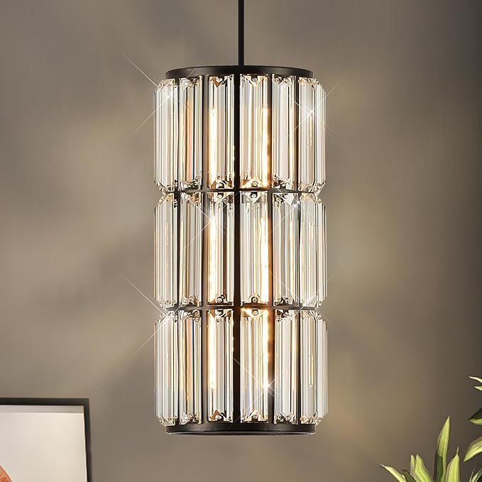 Black Crystal Pendant Light for Kitchen Island, Modern Mini Hanging Light Fixture with Adjustable Cord, 1-Light Farmhouse Pendant Lighting for Dining Room, Bedroom, Hallway, Bar