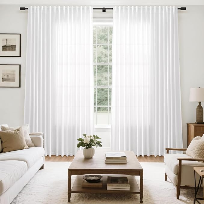Nanspring Extra Wide 100x96 Inch Linen Curtains for Living Room Divider Light Filtering Semi Sheer Patio Curtains for Sliding Door White Coastal Decor Sunroom Floor to Ceiling Window Curtain Panel