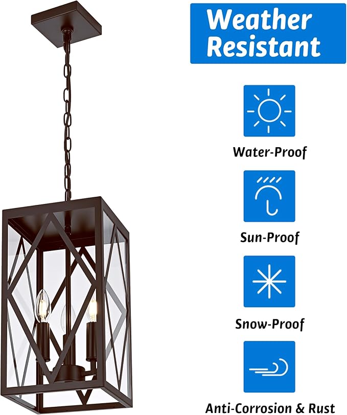 Outdoor Pendant Light Fixture 3-Light, 15.7in Farmhouse Bronze Outdoor Chandelier Hanging Porch Light, Metal Exterior Ceiling Mount Hanging Lantern with Clear Glass for Front Door Entrance
