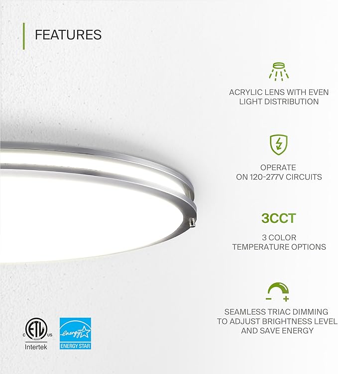 ASD LED 32" Oval Flush Mount Lighting, Close to Ceiling Light Fixture | 3CCT, Dimmable, Energy Star, ETL Listed | 45W 3750LM 3000-5000K 100-277V | Low Profile Double Ring Lamp | Nickel