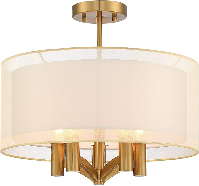 Possini Euro Design Caliari Modern Close to Ceiling Light Semi Flush Mount Fixture 18" Wide 5-Light Warm Brass Gold Double Drum Shades for Bedroom Hallway Living Room Dining Room Bathroom Kitchen