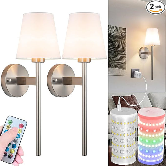 Battery Operated Wall Sconces Set Of 2, Wireless Battery Wall Light With 10000mAh RGB Rechargeable Magnetic Bulb, Rechargeable Wall Sconce With Remote Control For Bedroom, No Electrician Required
