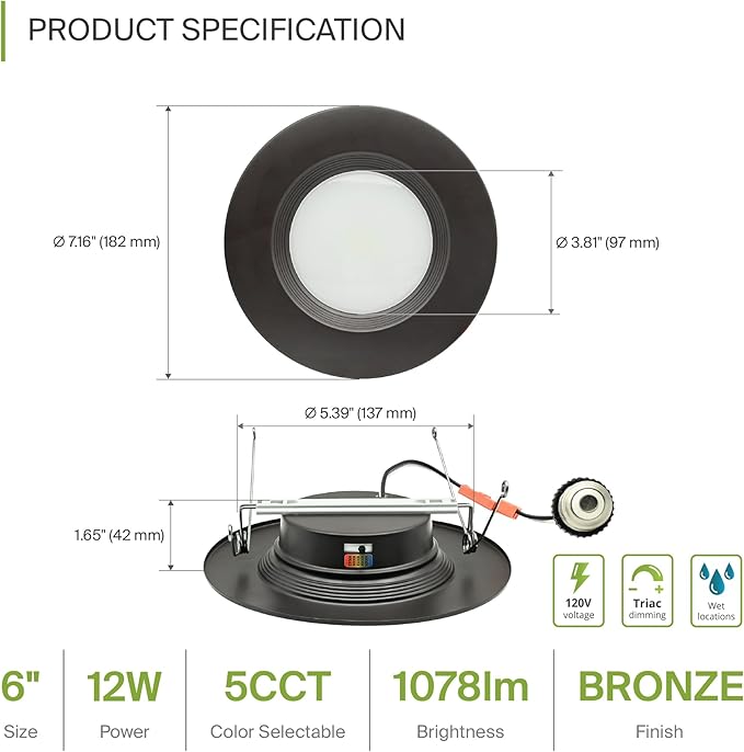 ASD 12 Pack Bronze Retrofit LED Recessed Lighting 6 Inch - 12W 2700K-5000K 1078LM Can Lights for Ceiling 6 Inch, Dimmable Bronze Recessed Lights, Baffle Trim Wet Rated Wafer Lights, ETL, Energy Star