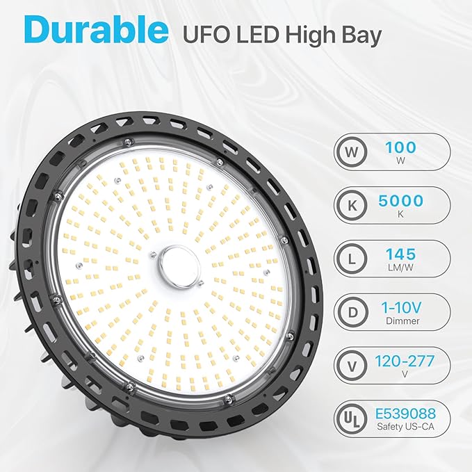 HYPERLITE High Bay Led Lights 100W 14,500LM (145lm/w) 5000K 1-10V Dimmable 5' Cable with 110V Plug US Hook UL Listed High Bay Led Shop Light for Barn Workshop Warehouse
