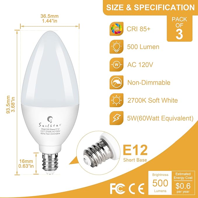 Sailstar E12 LED Bulb 60W Equivalent, 500 Lumens, Ceiling Fan Light Bulbs Soft White 2700K, Type B Light Bulb 5W, CRI 85, B11 Small Base Candelabra LED Light Bulbs, Non-dimmable, Pack of 10