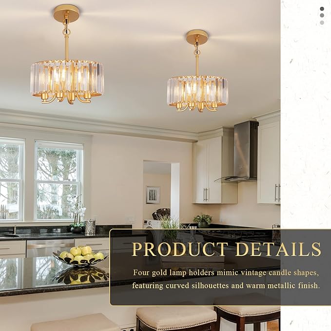 Gold Crystal Chandelier, 4-Light Candle Style Crystal Drum Chandelier, Modern Semi Flush Mount Ceiling Chandelier Light Fixtures for Dinning Room Living Room Kitchen Bedroom Hallway Entryway,11.6 Inch