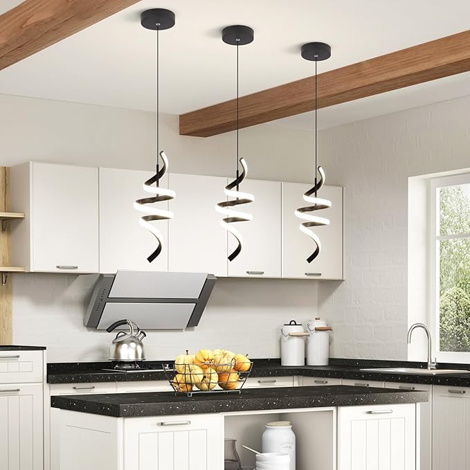 4000K Modern Pendant Light, 15IN Spiral LED Pendant Lights Adjustable Height Black Kitchen Island Fixtures Chandeliers for Dining Room Hanging Lights, 1 Pack