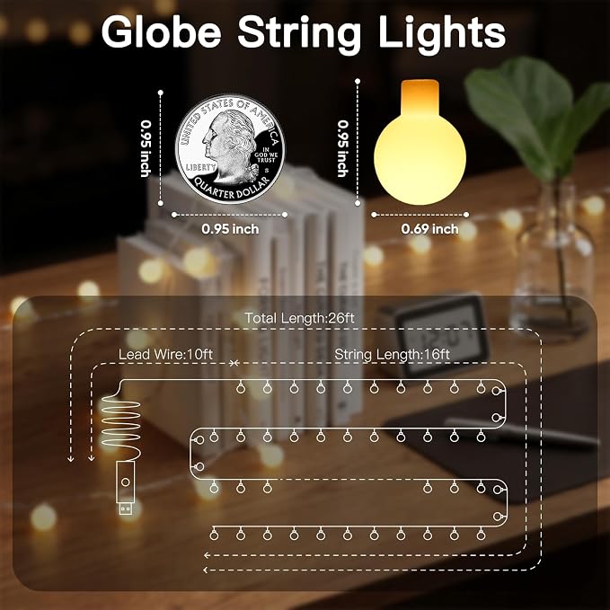 suddus Globe String Lights Bedroom, 50 Led Fairy Lights Plug in, Indoor String Lights for Classroom, Christmas, Backyard, Patio, Garden, Party, Bedroom, Living Room,Wall, Warm White
