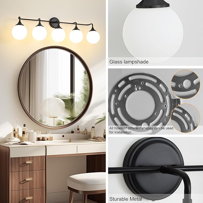 Black Bathroom Light Fixtures, Modern Vanity Lighting Over Mirror, Mid Century Brushed Brass Wall Sconce 5-Light with Milky White Glass Ball Shades
