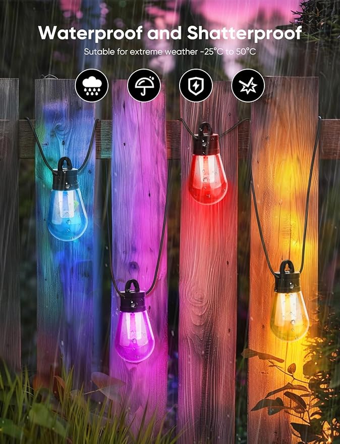 APPECK Outdoor String Lights, 150ft Smart RGBW Patio Lights Outside with 45 LED Bulbs, Extendable, 111 Scene Modes, IP65 Waterproof Lighting for Backyard, Dimmable Warm White, Compatible with Alexa