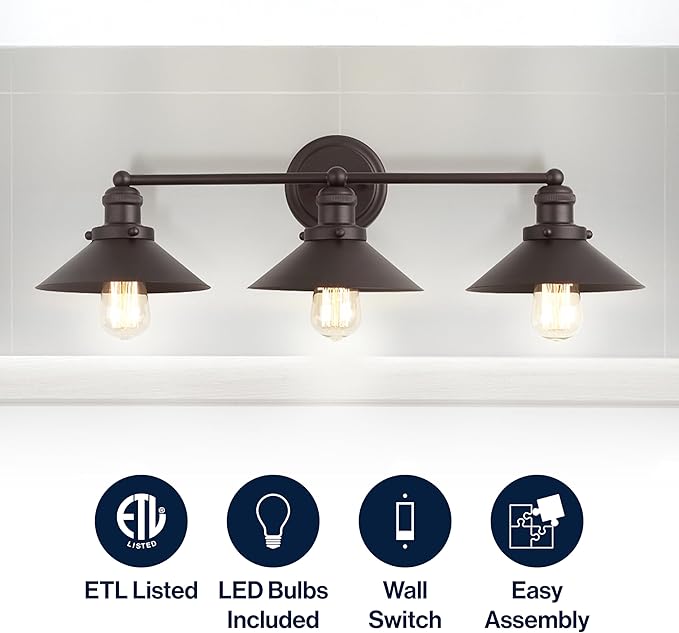 JONATHAN Y 26.5" Oil Rubbed Bronze 3-Light Industrial Farmhouse Metal Vanity Light Wall Sconce, Metal Shade for Bathroom Mirror, Kitchen, Entryway, LED Bulb Included (JYL7428A)
