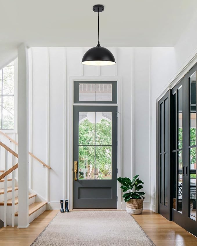 Black Farmhouse Pendant Light with Adjustable Cord - 11.8 Inch Dome Pendant for Kitchen Island, Dining Room, Bar, Foyer, Hallway
