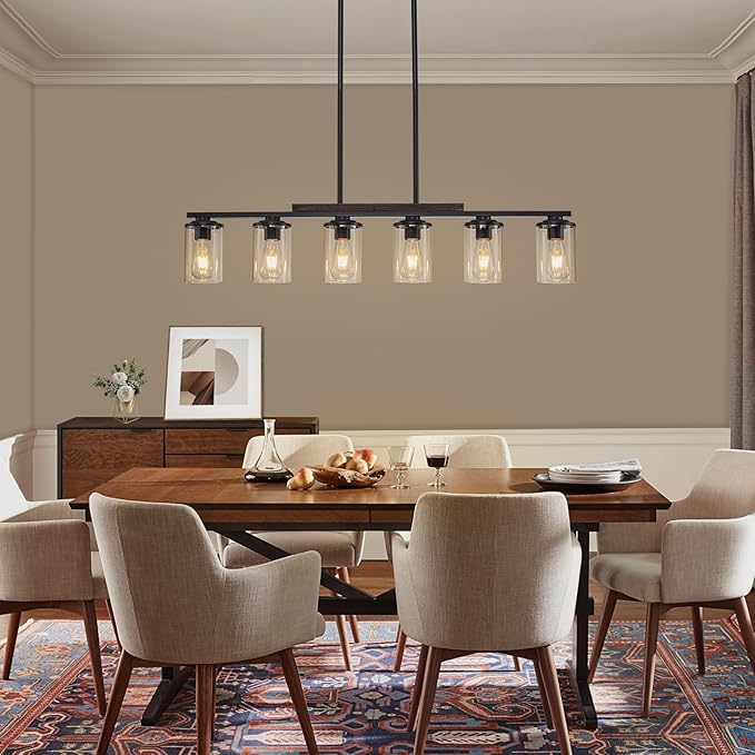 40.15'' Large Dining Room Chandelier Over Table, 6-Light Farmhouse Dining Room Light Fixture Kitchen Island Lighting, Wood Island Lights Black Farmhouse Chandeliers for Dining Room with Glass Shades