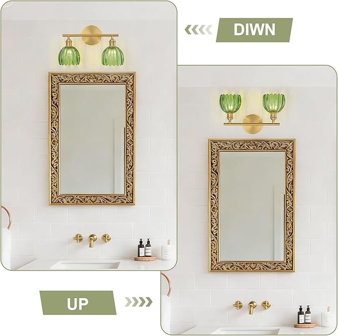 Gold Bathroom Light Fixtures Over Mirror, 2 Light Bathroom Vanity Light Fixture with Tulip Green Glass Lampshade, Vintage Vanity Lights for Bathroom, Bathroom Vanity Lights Over Mirror