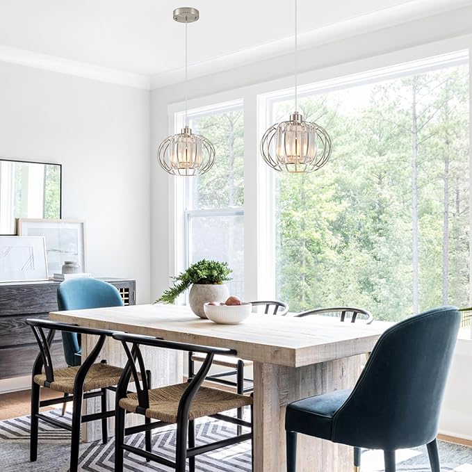 XSDeTu Brushed Nickel Pendant Light Fixtures, Modern Crystal Hanging Ceiling Light, Farmhouse Small Chandeliers, Metal Cage Pendant Lighting, Adjustable Pendant Lights Kitchen Island, Hallway