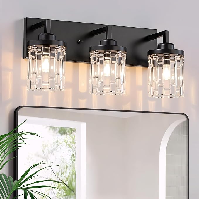 maesta Black Vanity Light, 3 Light Crystal Modern Farmhouse Bathroom Light Fixtures, with Crystal Glass Shade, Rustic Black Bathroom Wall Light Over Mirror for Living Room, Bedroom, Hallway