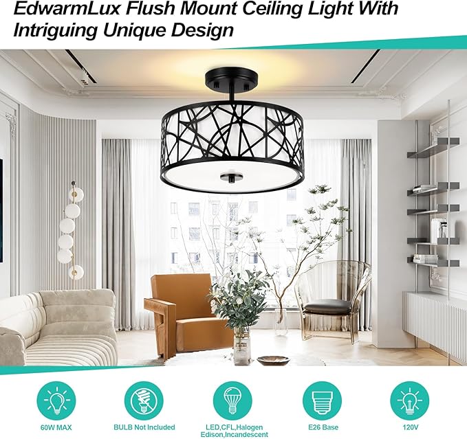 3-Light Semi Flush Mount Ceiling Light, 12.6" Drum Light with White Fabric Shade, Modern Close to Ceiling Lamp for Living Room Bedroom Dining Kitchen Hallway Entry Foyer (Matt Black)