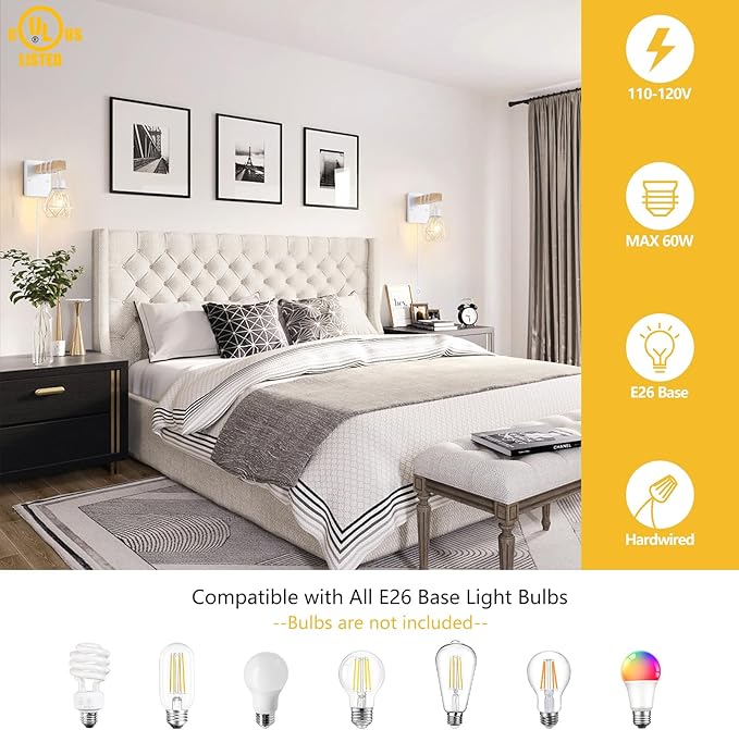 Lomoky White Plug in Wall Sconces Set of Two, Modern Wall Lights with 5.25FT Plug in Cord, Wooden Bedside Wall Lamps with Metal Shade, Industrial Wall Lighting Decor for Living Room, Hallway, Stairs