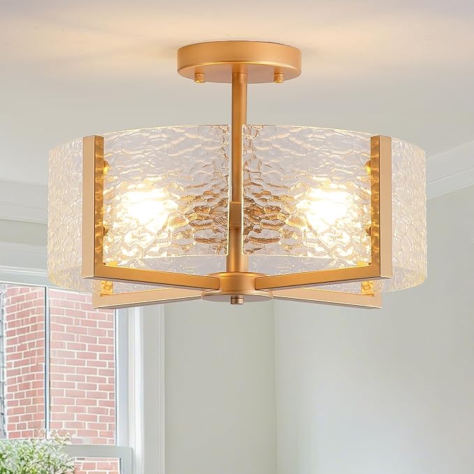 18 inch Large Gold Semi Flush Mount Drum Ceiling Light Fixture, 4-Light Glass Close to Ceiling Lighting Fixtures for Bedroom Hallway Kitchen Foyer Bathroom Closet Entryway Laundry Room