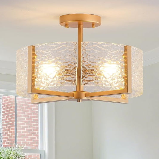 18 inch Large Gold Semi Flush Mount Drum Ceiling Light Fixture, 4-Light Glass Close to Ceiling Lighting Fixtures for Bedroom Hallway Kitchen Foyer Bathroom Closet Entryway Laundry Room