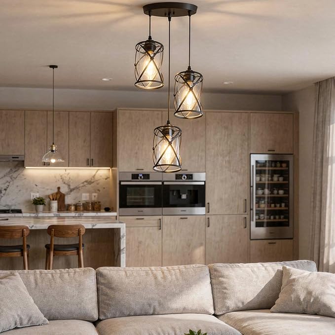 3 Light Pendant Lighting, Farmhouse Hanging Light Fixture for Kitchen Island & Dining Room, Industrial Vintage Ceiling Lamp with E26 Base, Adjustable Height, Matte Black with Glass Shades