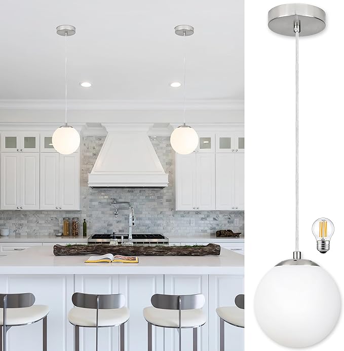 KoKo&Yukina 6 Inch Globe Pendant Light Nickel Globe Pendant Lights Kitchen Island Mid Century Light Fixture with Milky White Glass Shade for Dining Room Living Room